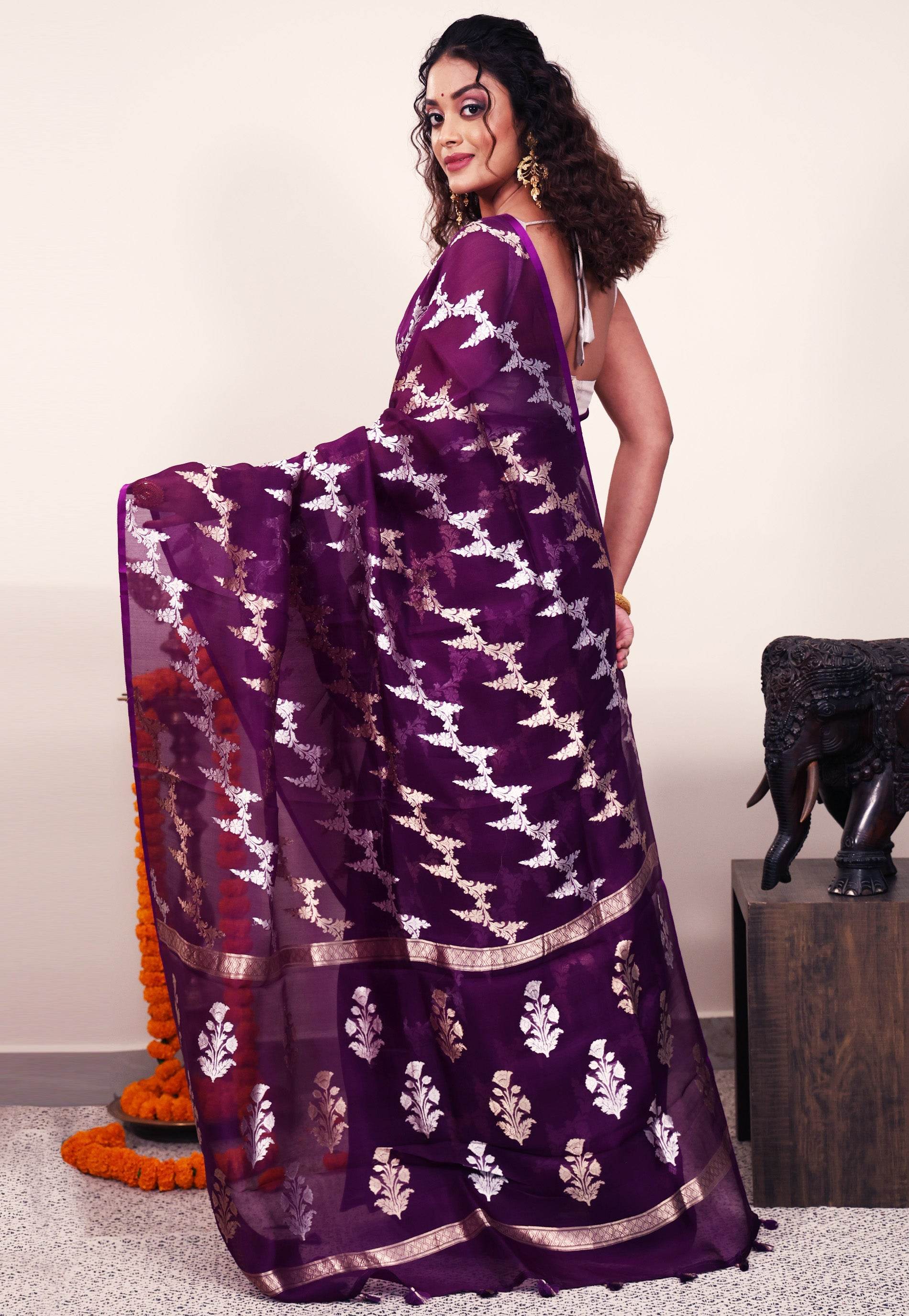 Purple Kora Silk Saree With Blouse Piece - Adi Akshoy & Co.