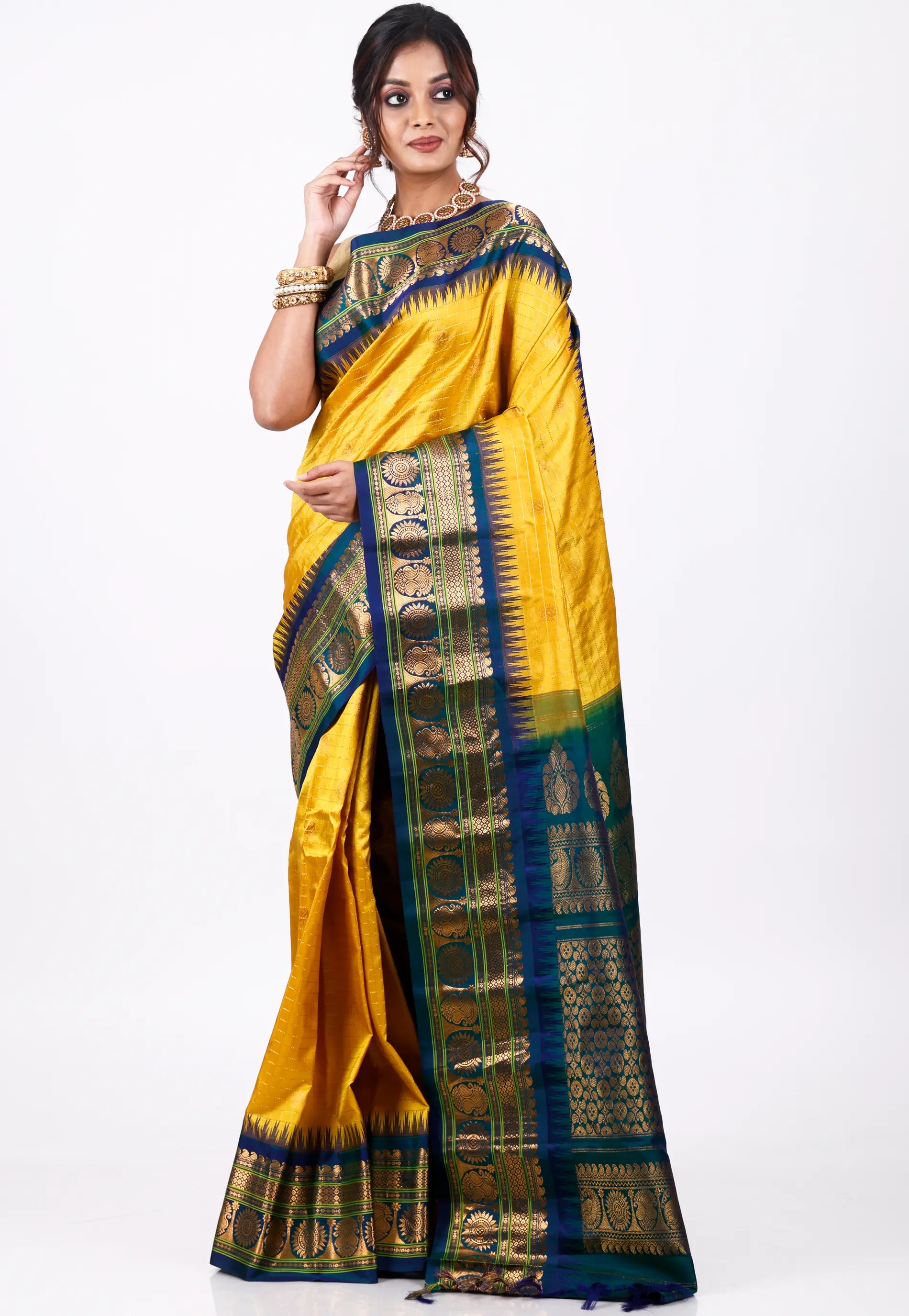 Yellow with Blue Border Gadwal Pure Silk Saree With Blouse Piece