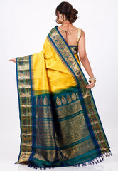 Yellow with Blue Border Gadwal Pure Silk Saree With Blouse Piece