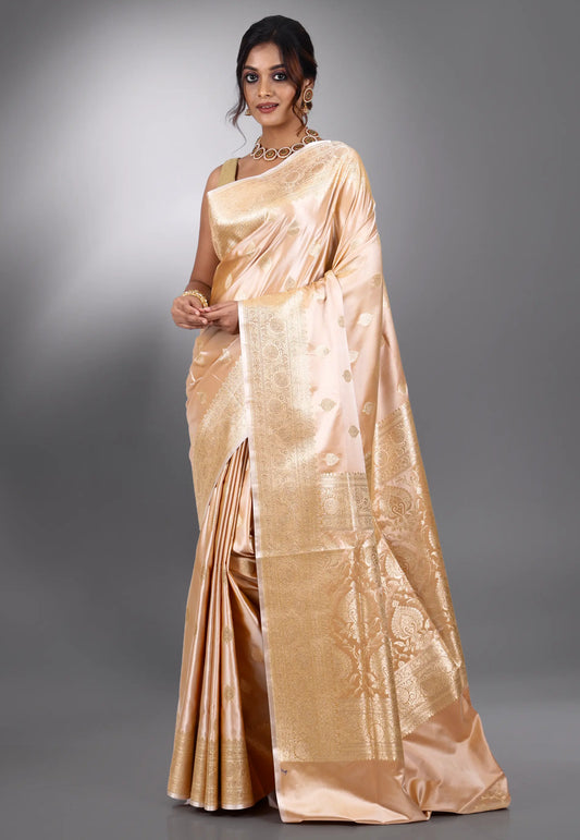 Cream Pastel Banarasi Silk Saree With Blouse Piece
