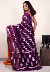 Purple Kora Silk Saree With Blouse Piece - Adi Akshoy & Co.