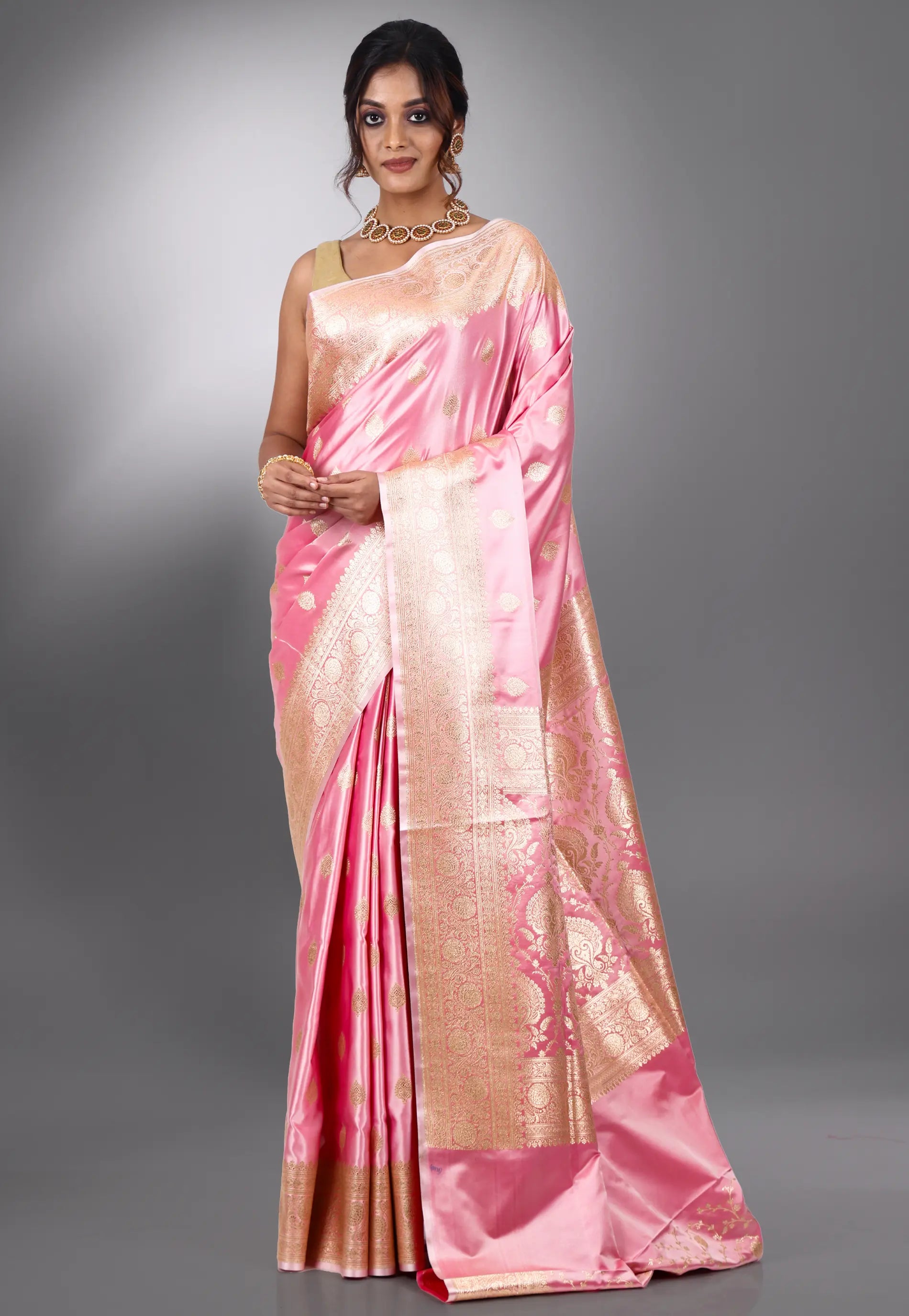Pink Pastel Banarasi Silk Saree With Blouse Piece