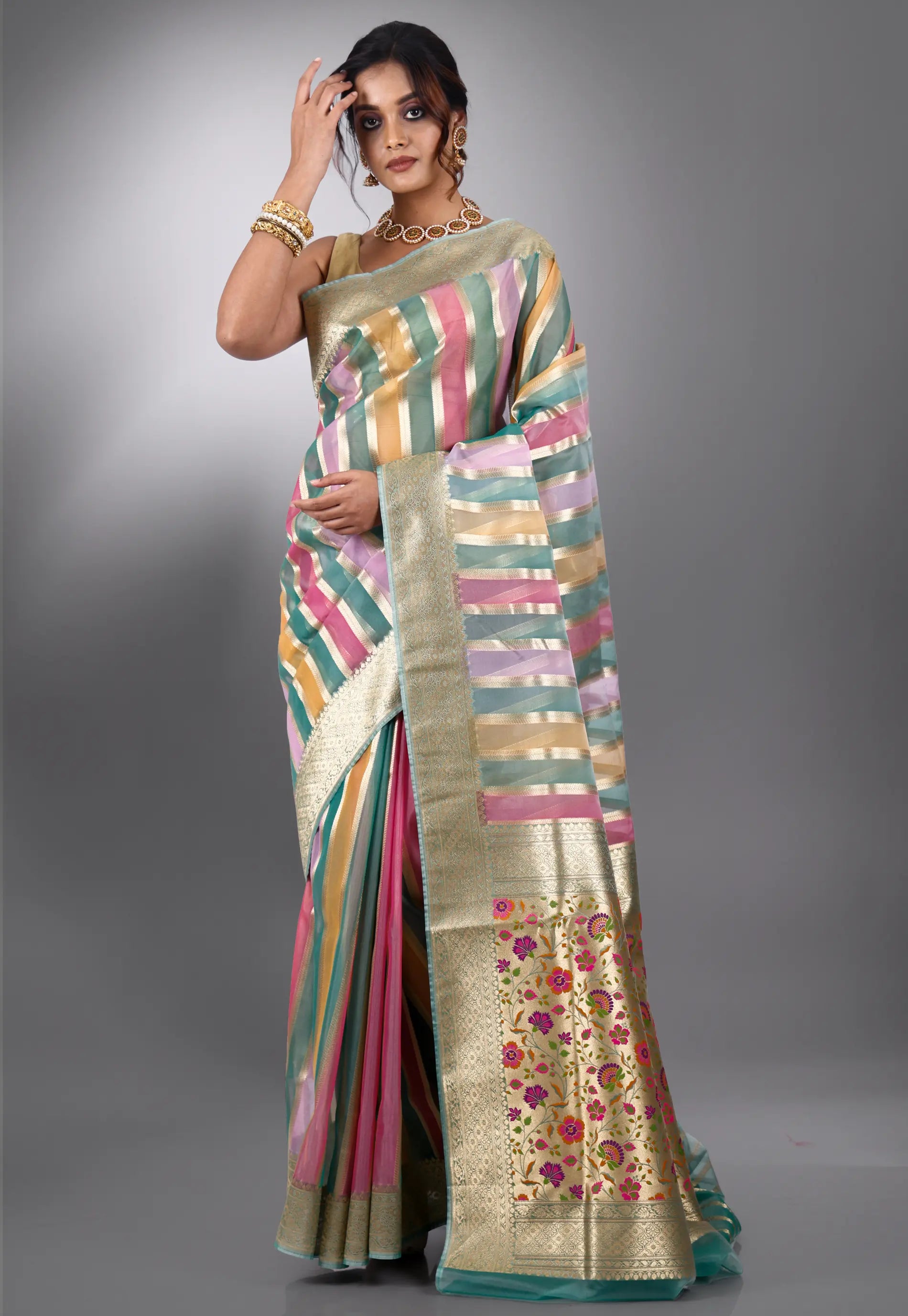 Multicoloured Kora Silk Saree With Blouse Piece