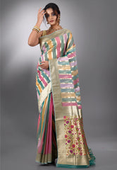 Multicoloured Kora Silk Saree With Blouse Piece