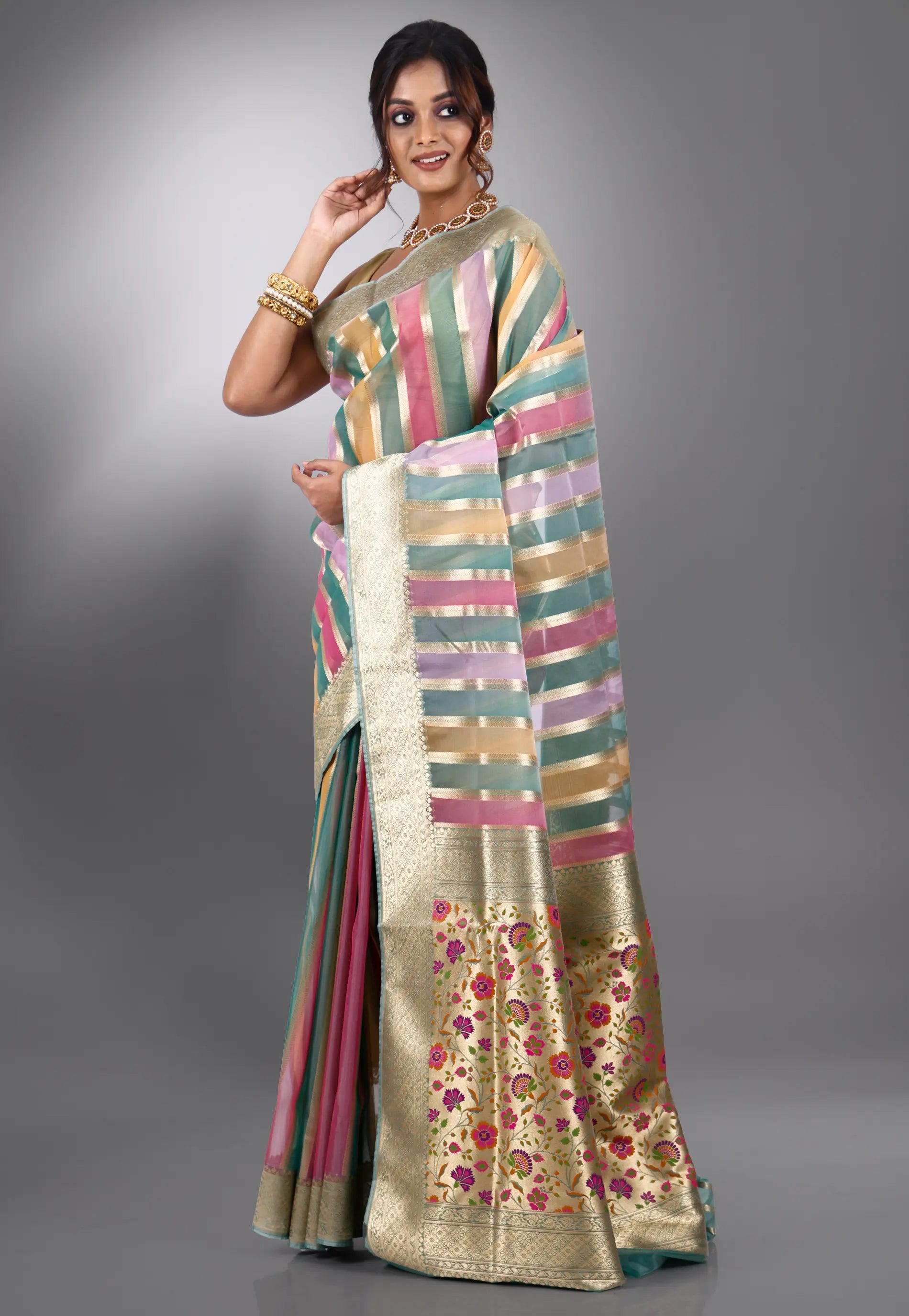 Multicoloured Kora Silk Saree With Blouse Piece