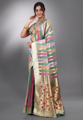 Multicoloured Kora Silk Saree With Blouse Piece