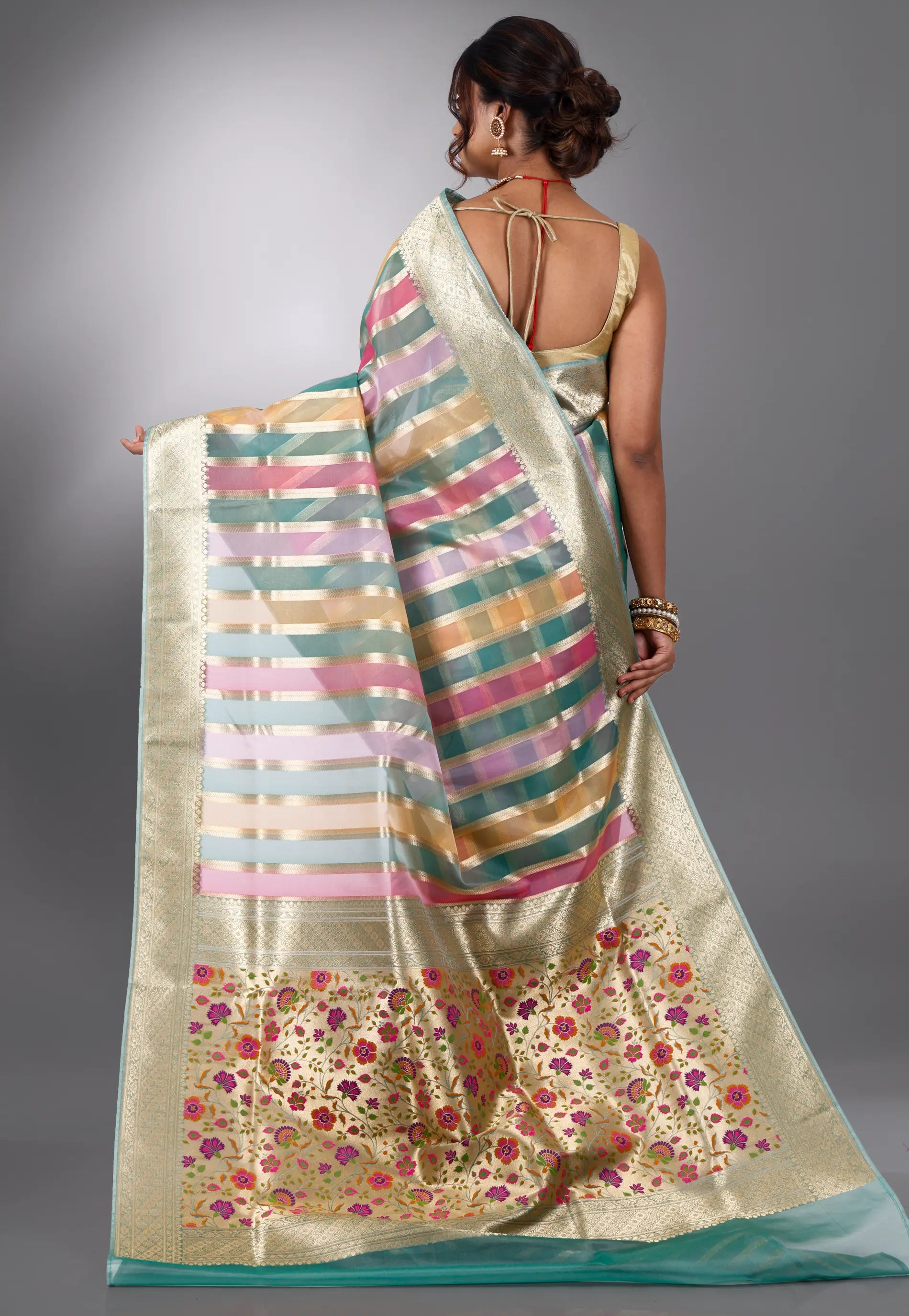 Multicoloured Kora Silk Saree With Blouse Piece