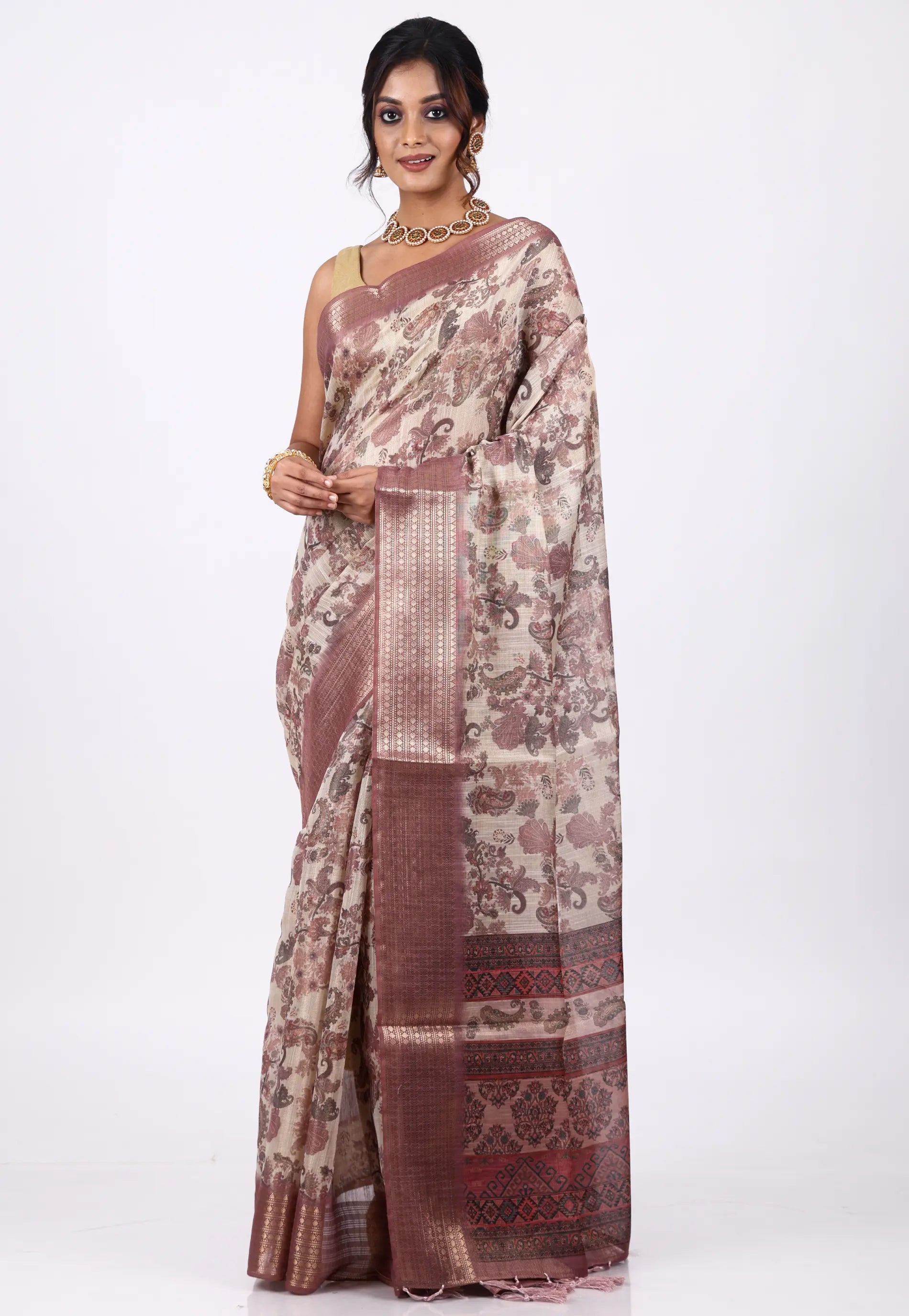 Beige Tussar Silk Saree with Blouse Piece