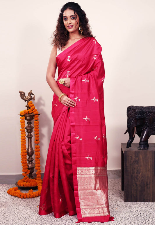 Rani Pink Katan Pure Silk Saree With Blouse Piece - Adi Akshoy & Co.