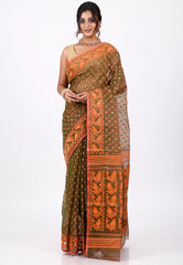 Orange Dhakai Jamdani Cotton Saree without Blouse Piece