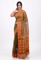 Orange Dhakai Jamdani Cotton Saree without Blouse Piece