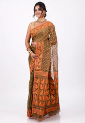 Orange Dhakai Jamdani Cotton Saree without Blouse Piece