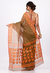 Orange Dhakai Jamdani Cotton Saree without Blouse Piece