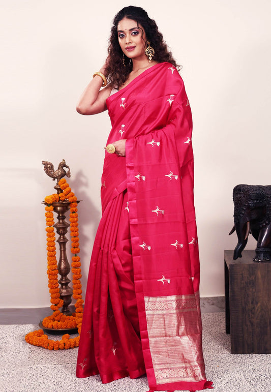 Rani Pink Katan Pure Silk Saree With Blouse Piece - Adi Akshoy & Co.