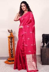 Rani Pink Katan Pure Silk Saree With Blouse Piece - Adi Akshoy & Co.