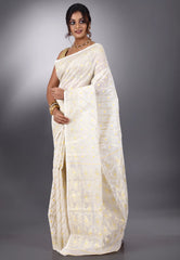 White Dhakai Jamdani Cotton Saree without Blouse Piece