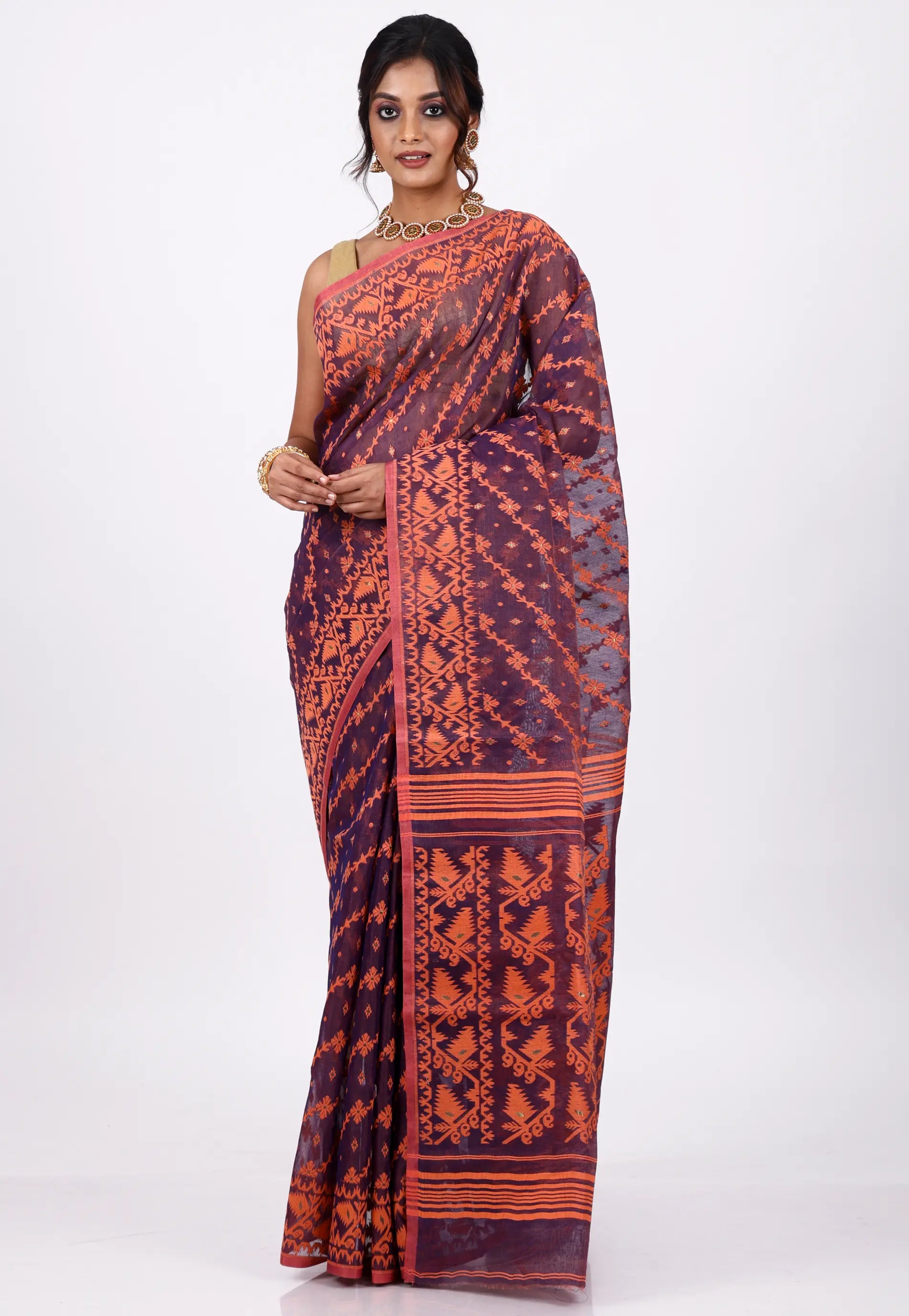 Blue Dhakai Jamdani Cotton Saree without Blouse Piece