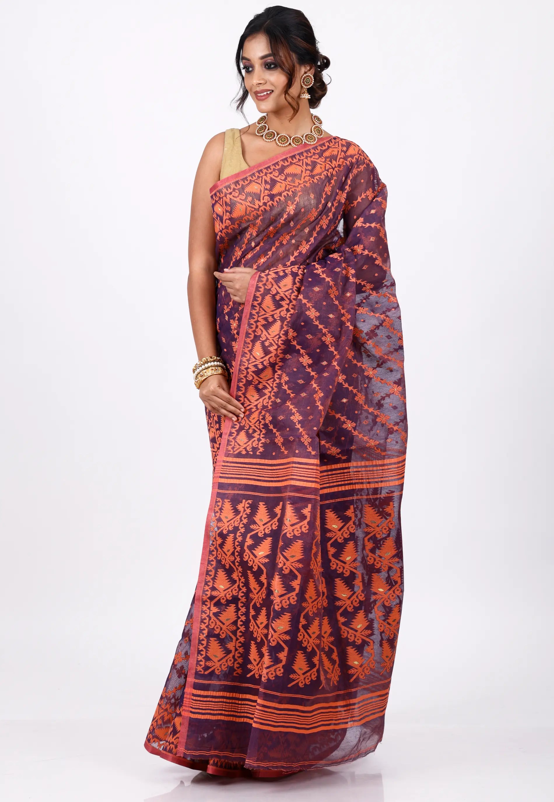 Blue Dhakai Jamdani Cotton Saree without Blouse Piece