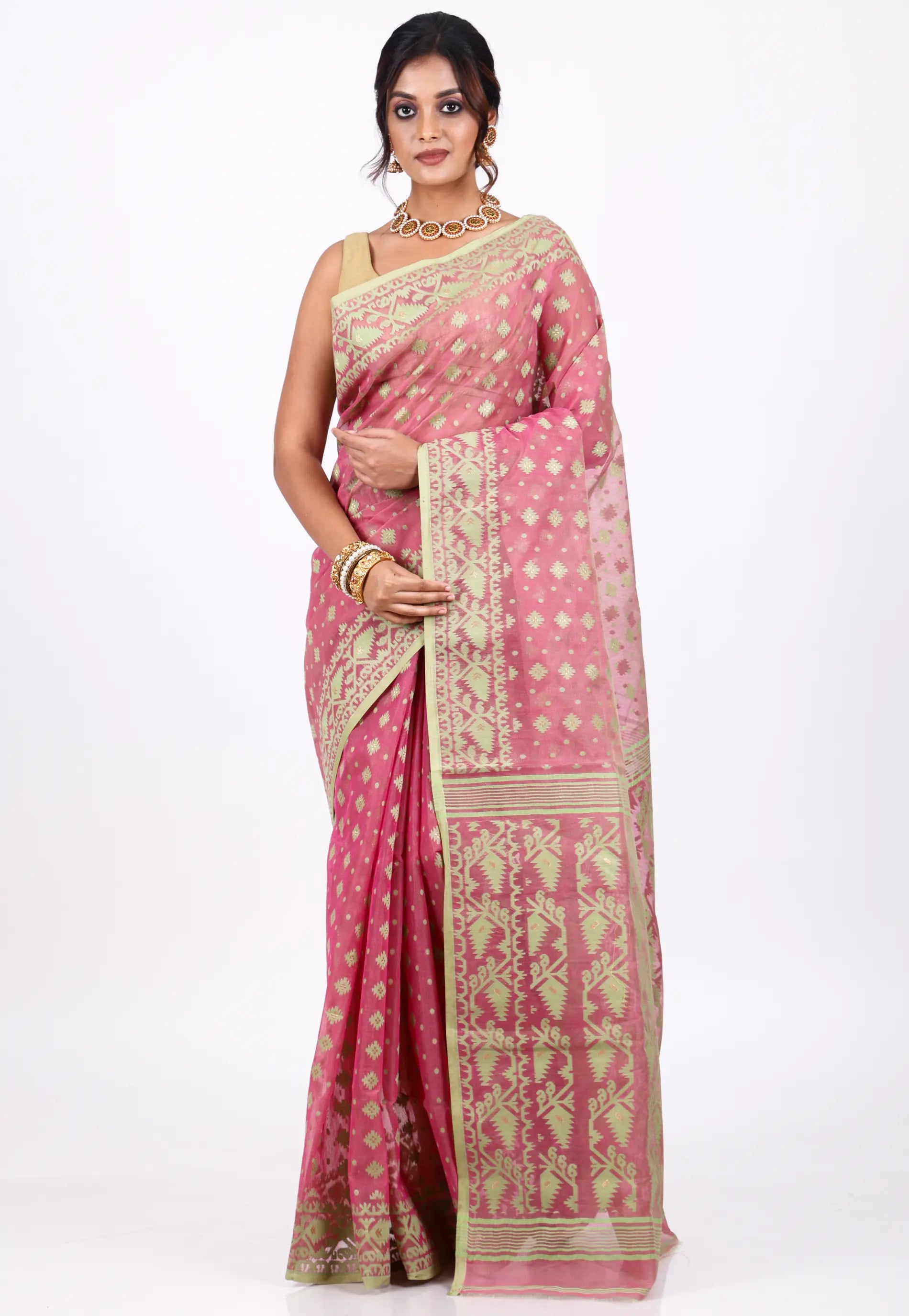 Light Rani Dhakai Jamdani Cotton Saree without Blouse Piece