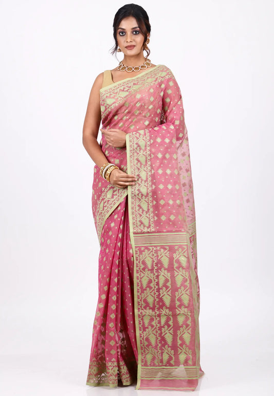 Light Rani Dhakai Jamdani Cotton Saree without Blouse Piece