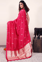 Rani Pink Katan Pure Silk Saree With Blouse Piece - Adi Akshoy & Co.