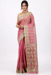 Light Rani Dhakai Jamdani Cotton Saree without Blouse Piece