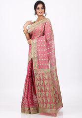 Light Rani Dhakai Jamdani Cotton Saree without Blouse Piece