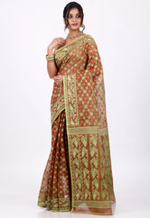 Brown Dhakai Jamdani Cotton Saree without Blouse Piece