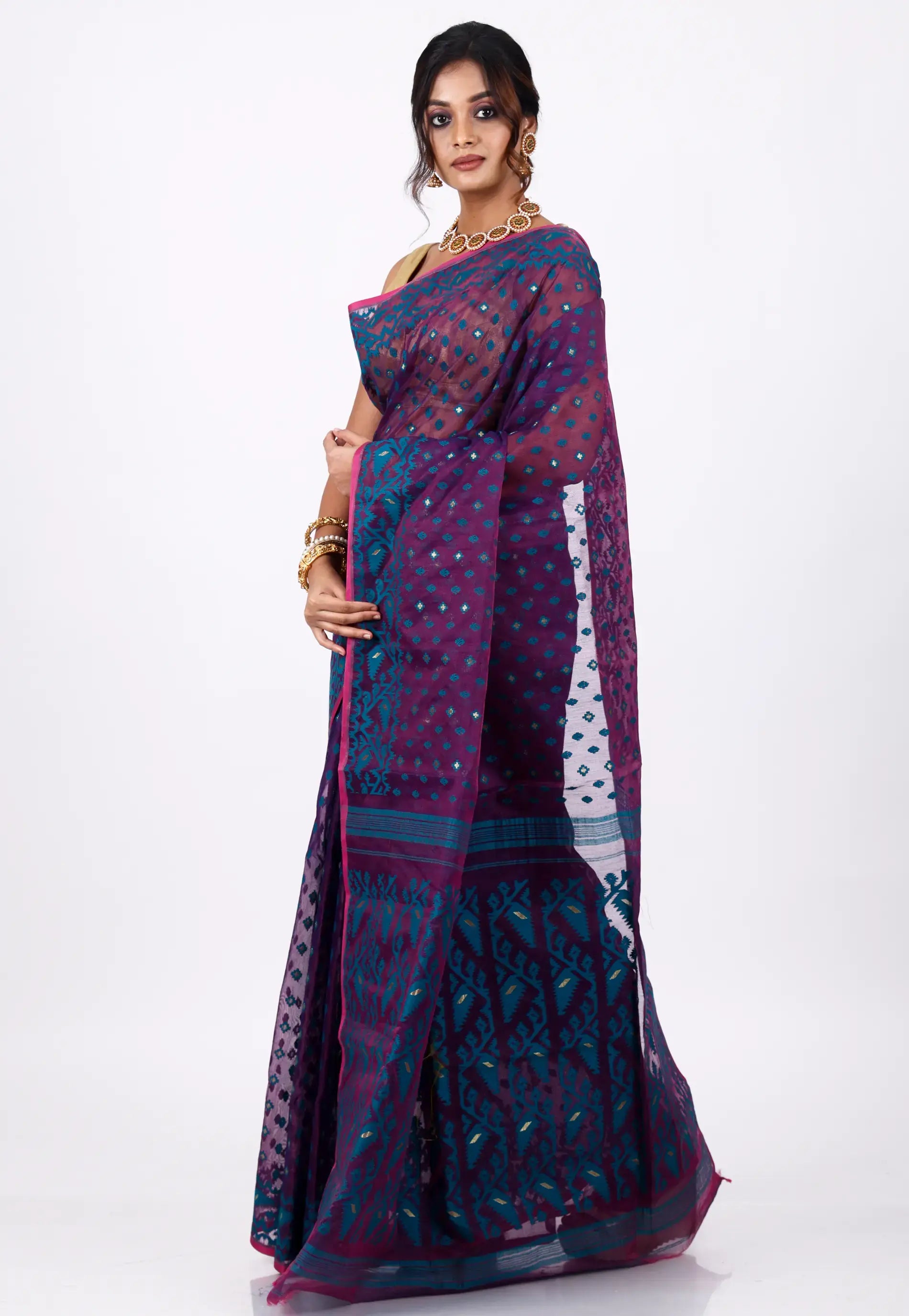 Blue Dhakai Jamdani Cotton Saree without Blouse Piece