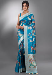 Feroza Blue Tussar Silk Saree with Blouse Piece