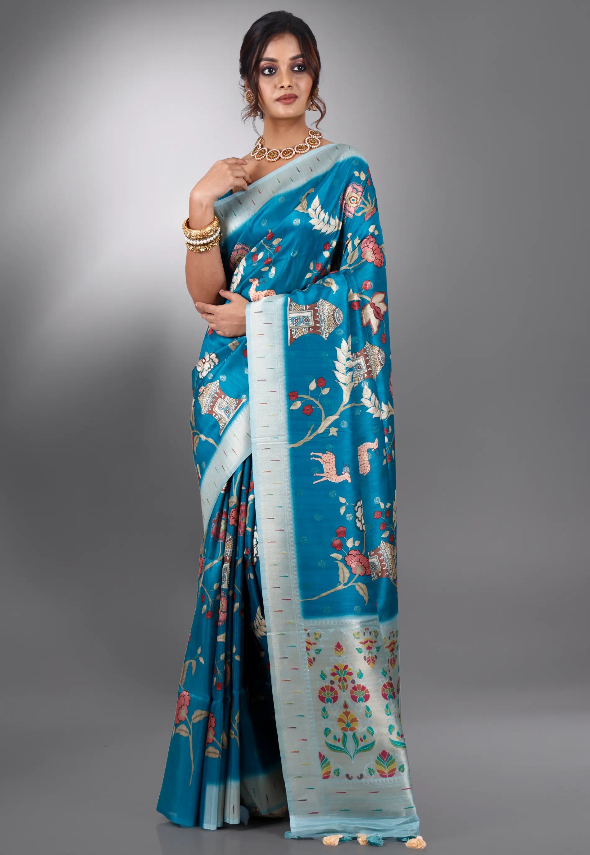 Feroza Blue Tussar Silk Saree with Blouse Piece