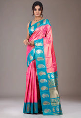 Pink with Peacock Blue Border Tissue Kanjivaram Silk Saree With Blouse Piece