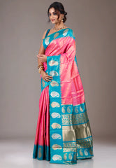 Pink with Peacock Blue Border Tissue Kanjivaram Silk Saree With Blouse Piece