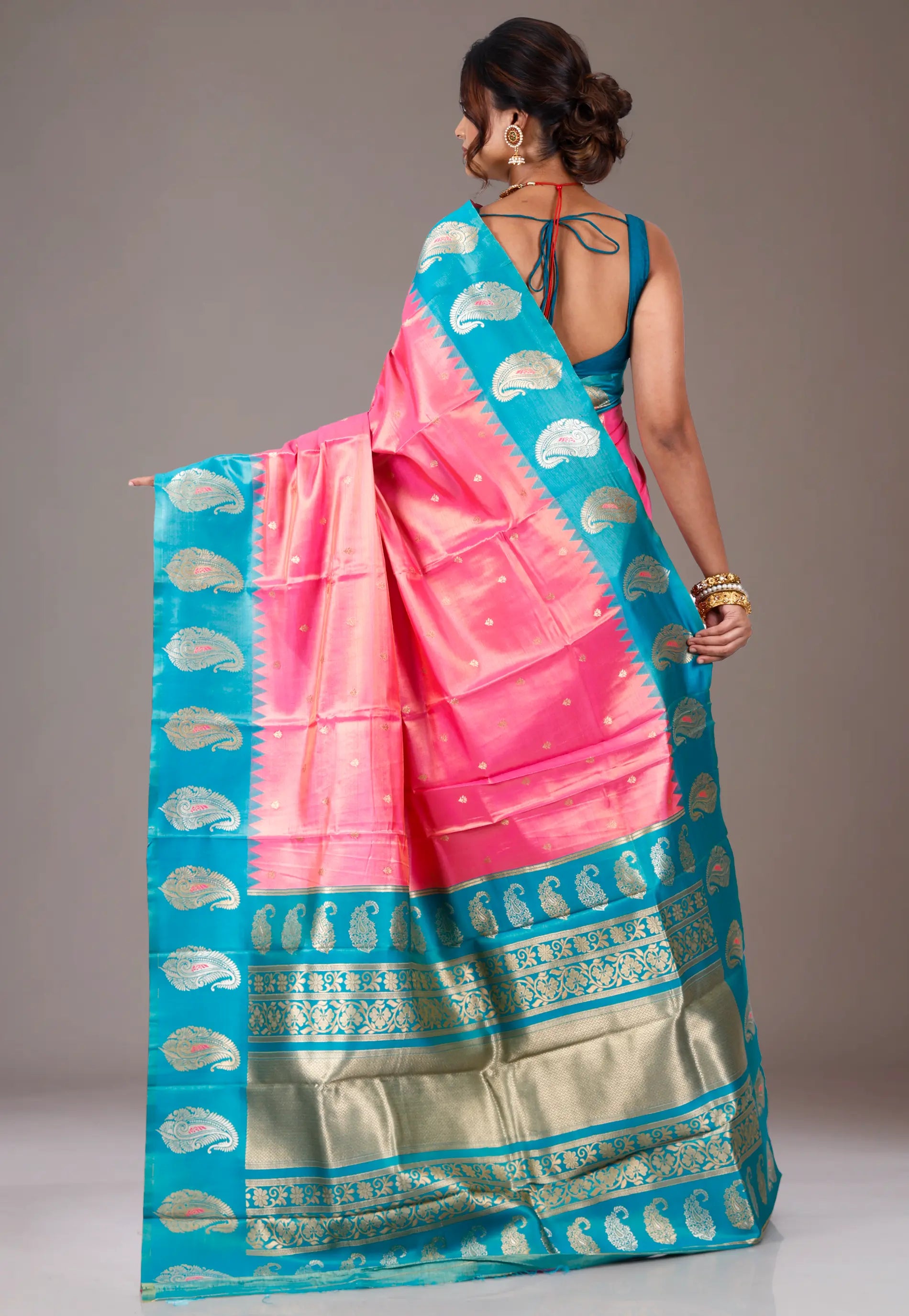 Pink with Peacock Blue Border Tissue Kanjivaram Silk Saree With Blouse Piece