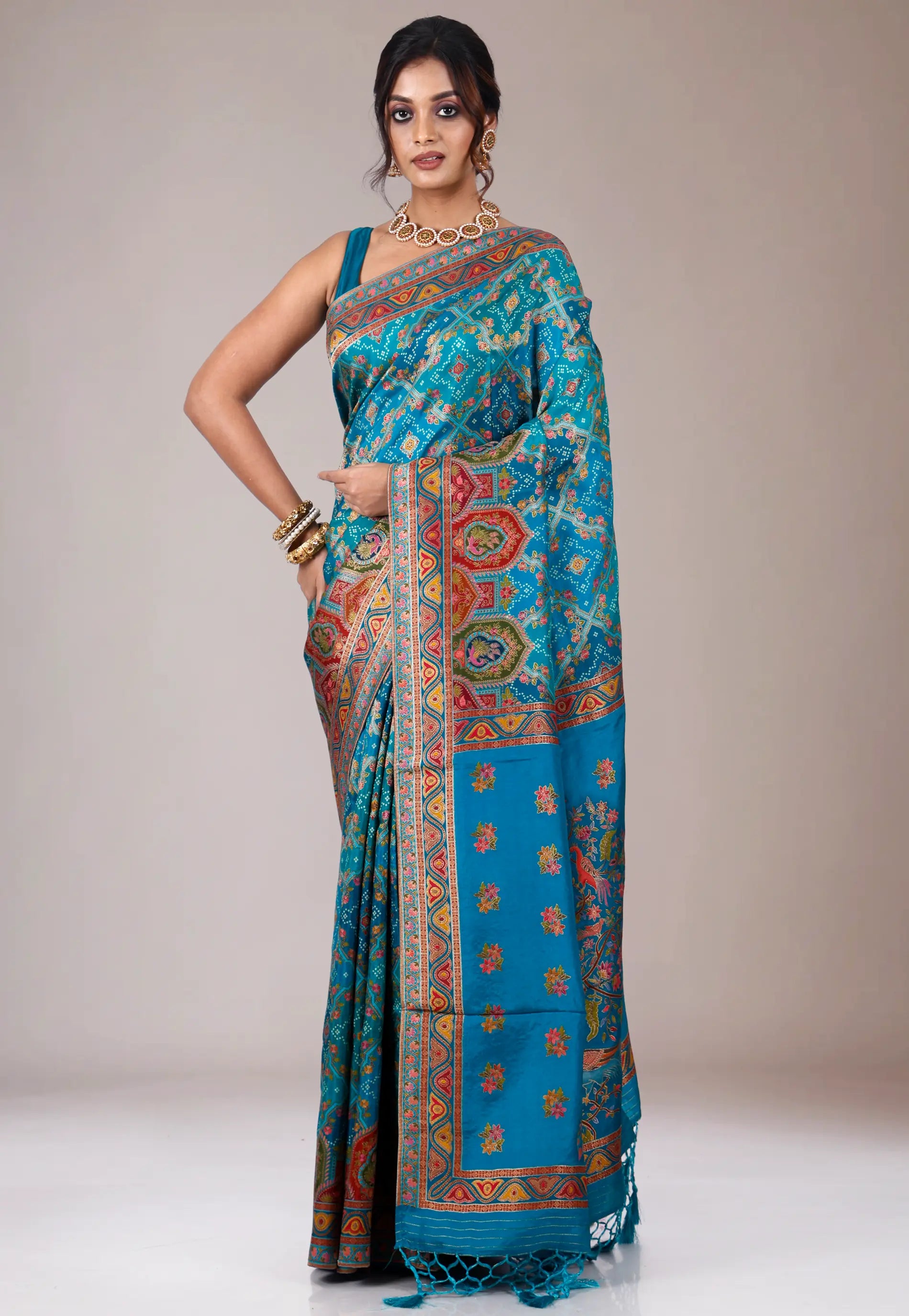 Feroza Blue Kani Silk Saree With Blouse Piece