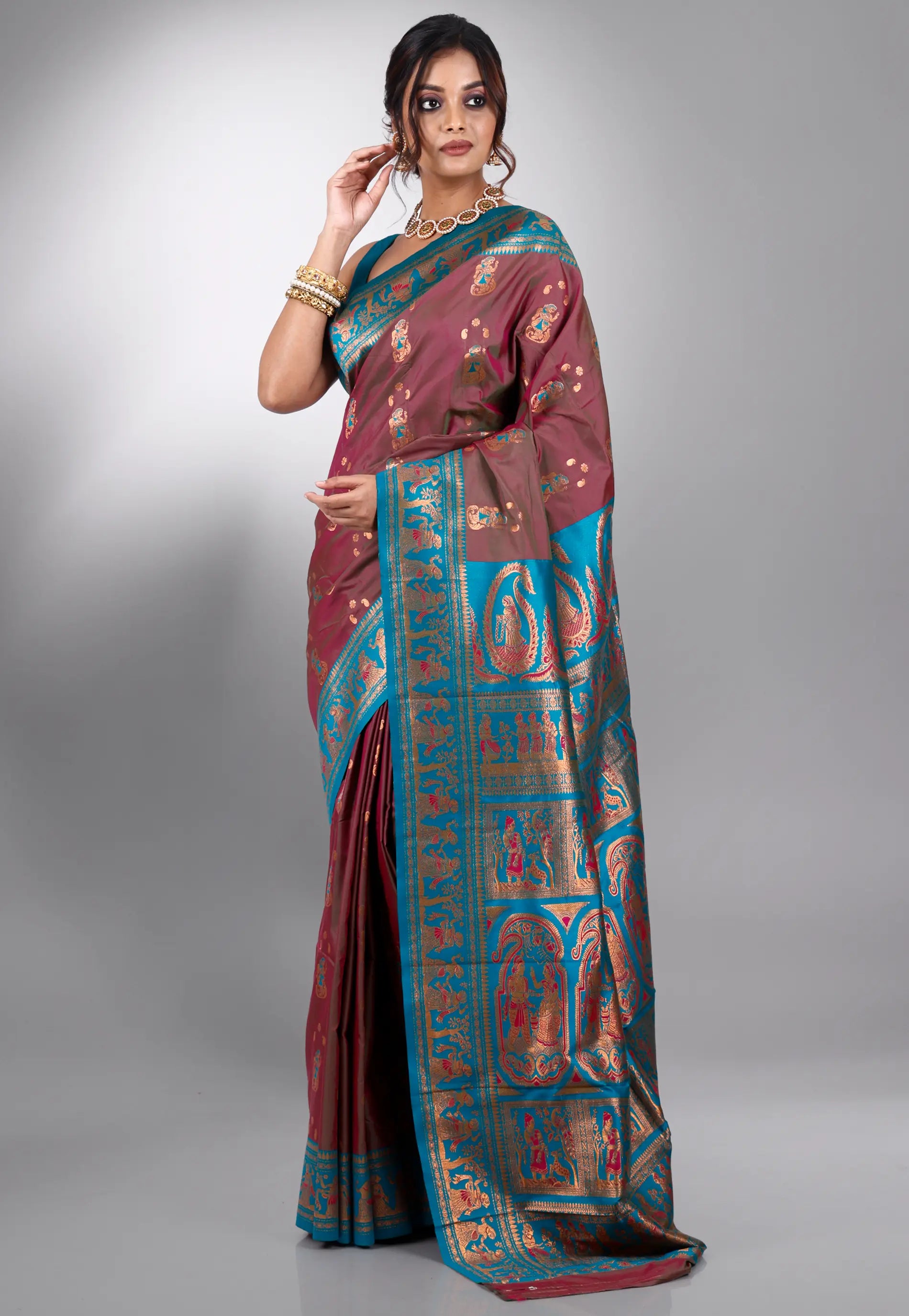 Maroon Baluchari Silk Saree with Blouse Piece