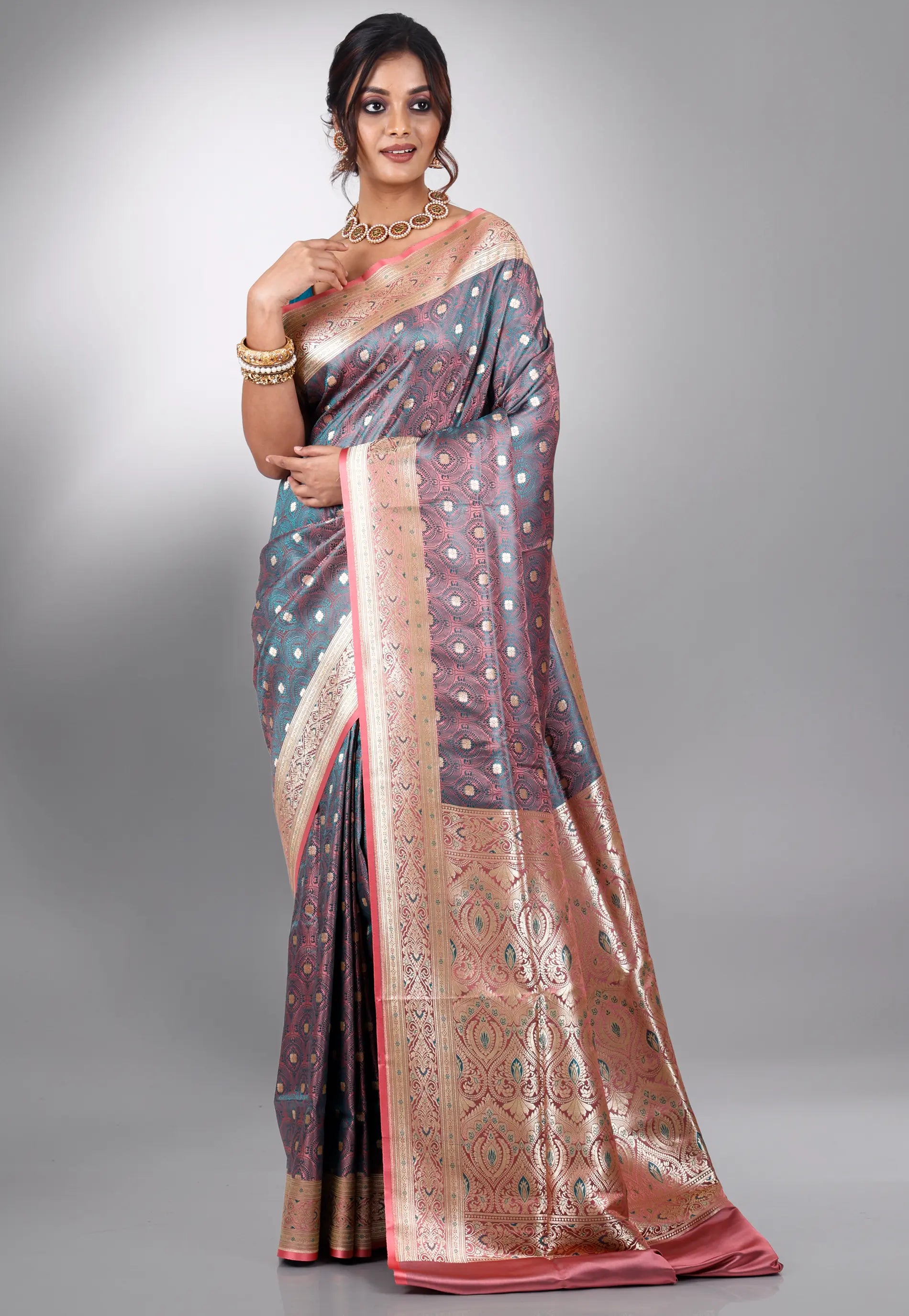 Dual Shades of Pink and Rama Green Wedding Banarasi Silk Saree with Blouse Piece