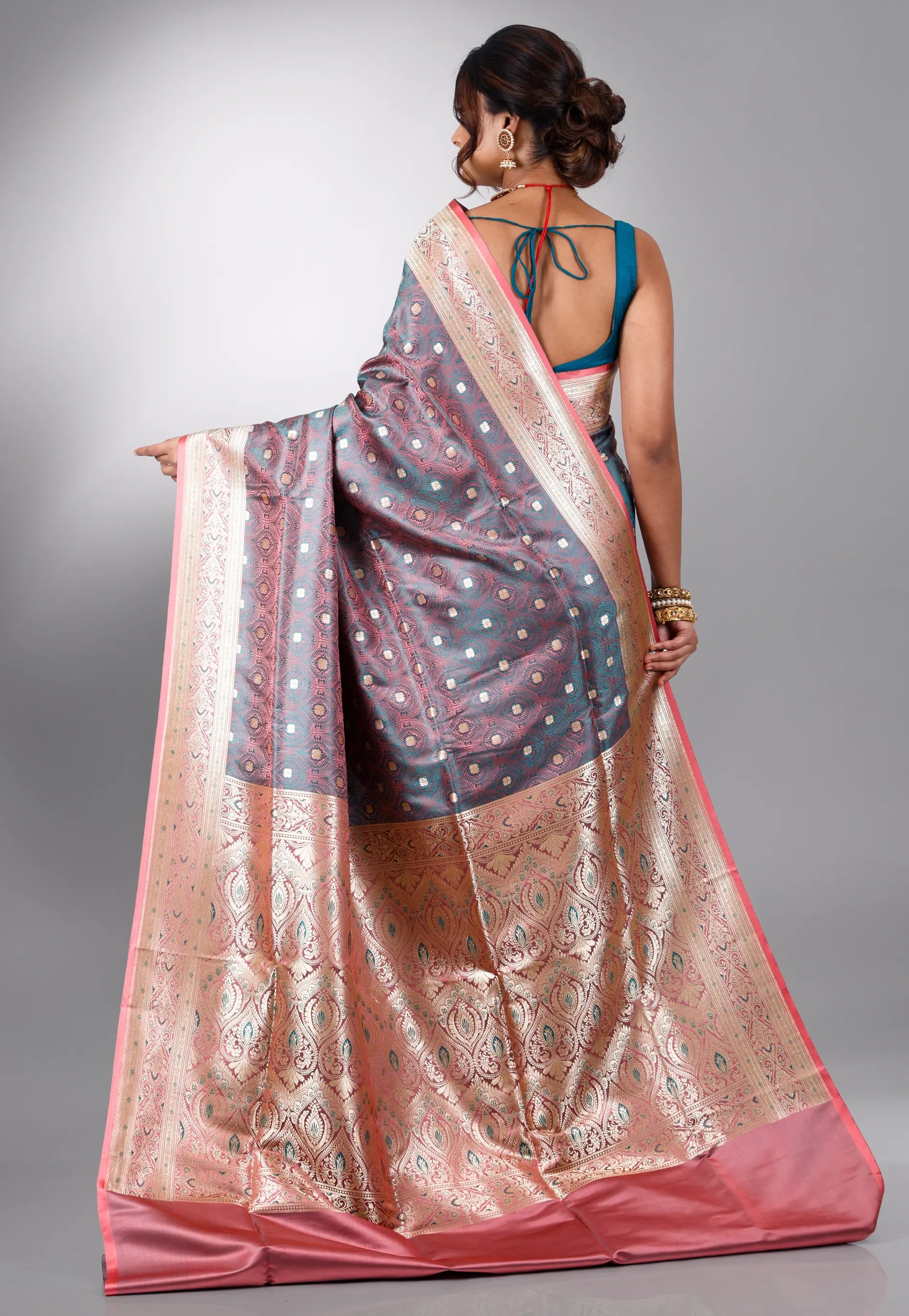 Dual Shades of Pink and Rama Green Wedding Banarasi Silk Saree with Blouse Piece