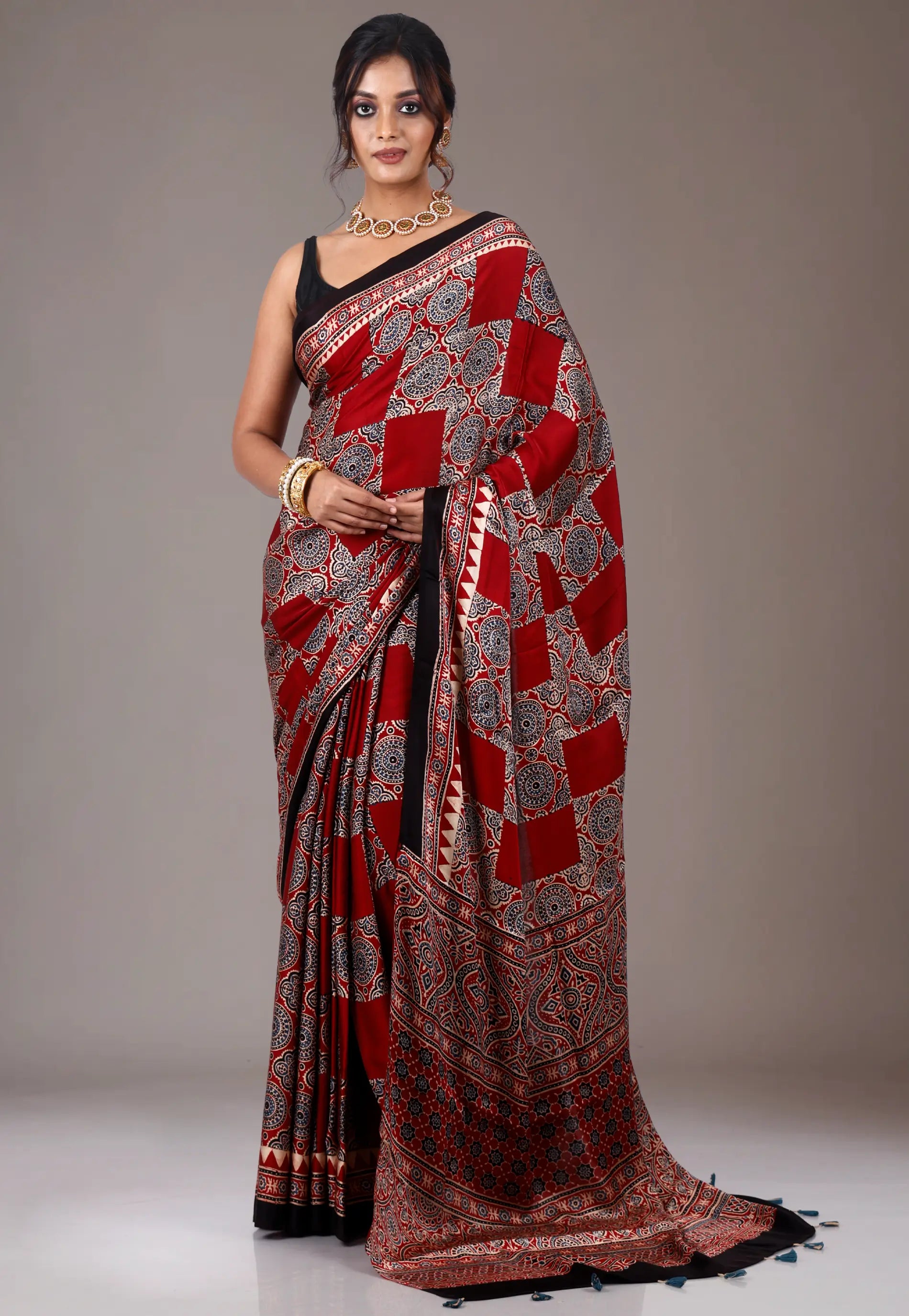 Red Ajrakh print in Modal Silk Saree With Blouse Piece