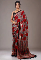 Red Ajrakh print in Modal Silk Saree With Blouse Piece