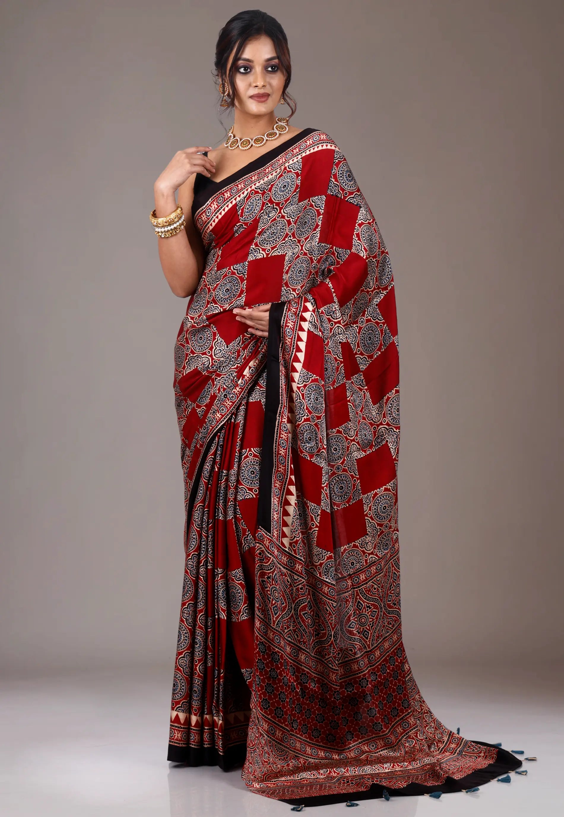 Red Ajrakh print in Modal Silk Saree With Blouse Piece