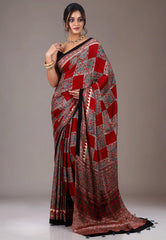 Red Ajrakh print in Modal Silk Saree With Blouse Piece