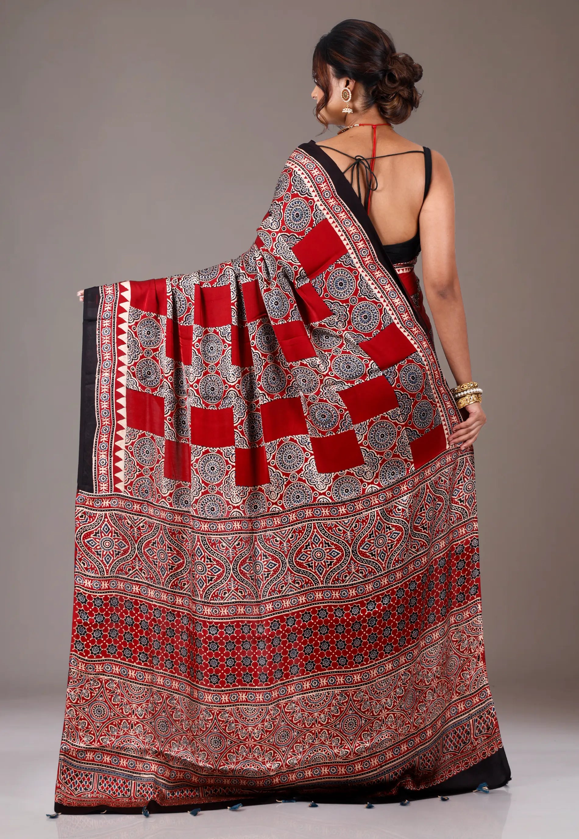 Red Ajrakh print in Modal Silk Saree With Blouse Piece