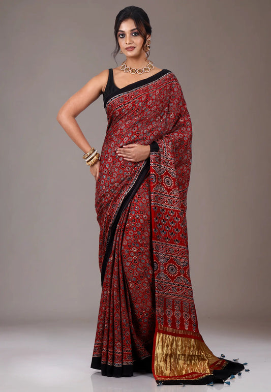 Red Ajrakh print in Modal Silk Saree With Blouse Piece