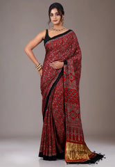 Red Ajrakh print in Modal Silk Saree With Blouse Piece