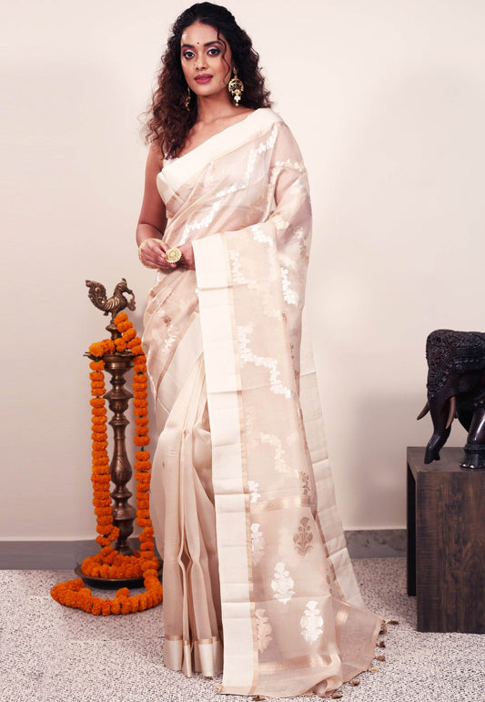 Beige Kora Silk Saree With Blouse Piece - Adi Akshoy & Co.
