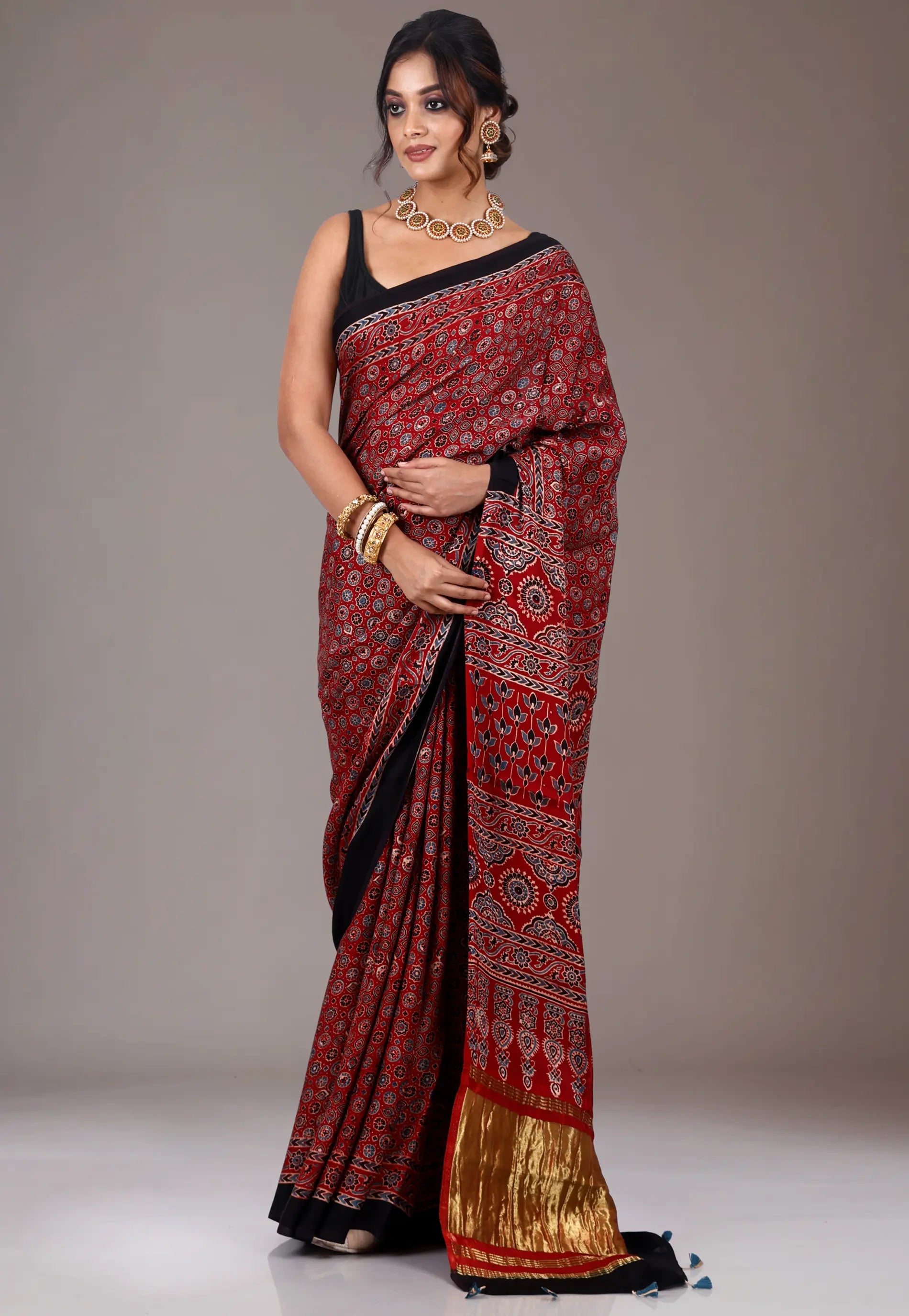 Red Ajrakh print in Modal Silk Saree With Blouse Piece