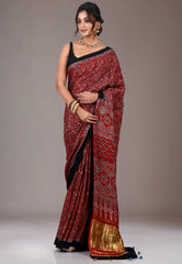 Red Ajrakh print in Modal Silk Saree With Blouse Piece