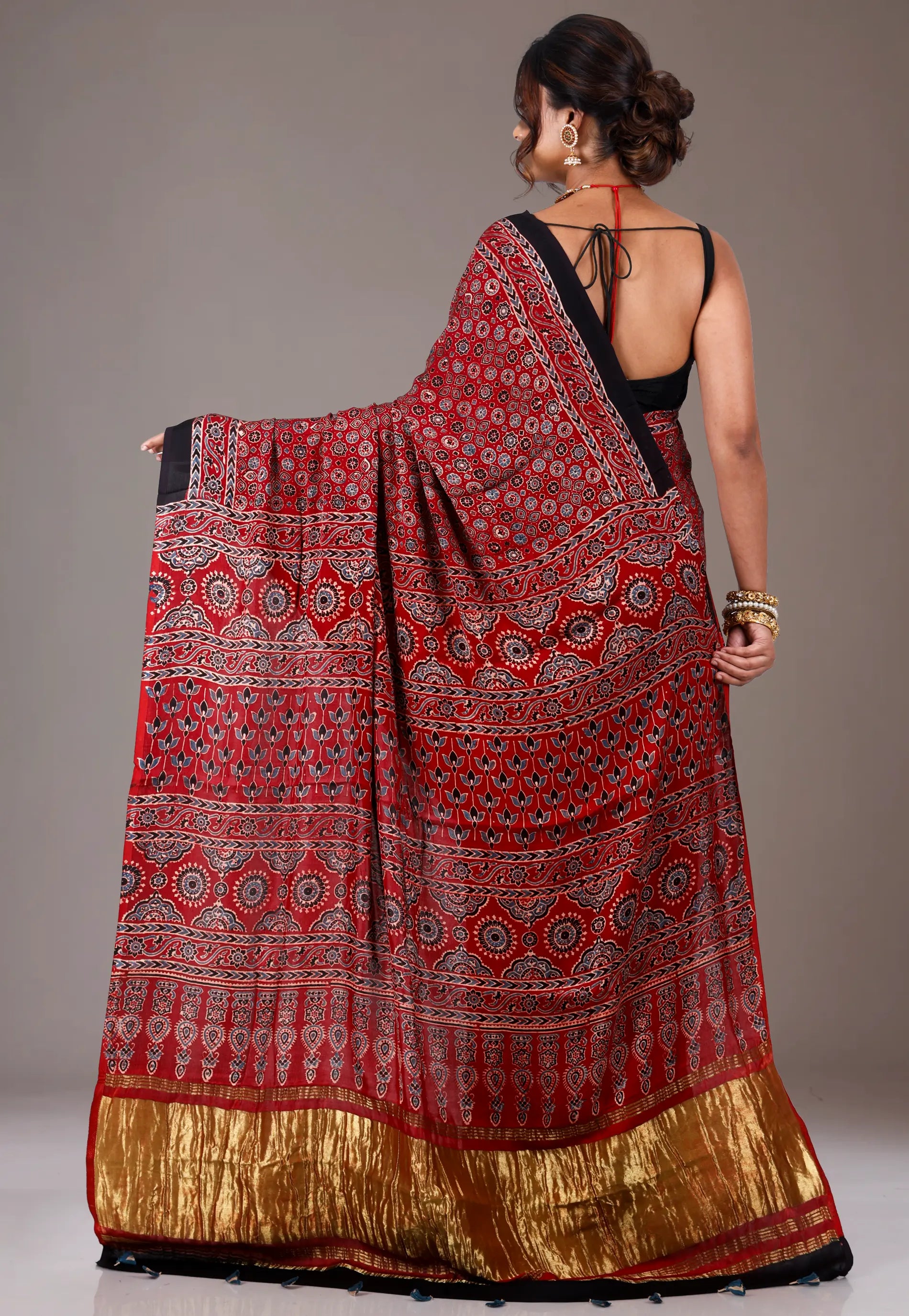 Red Ajrakh print in Modal Silk Saree With Blouse Piece