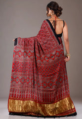 Red Ajrakh print in Modal Silk Saree With Blouse Piece